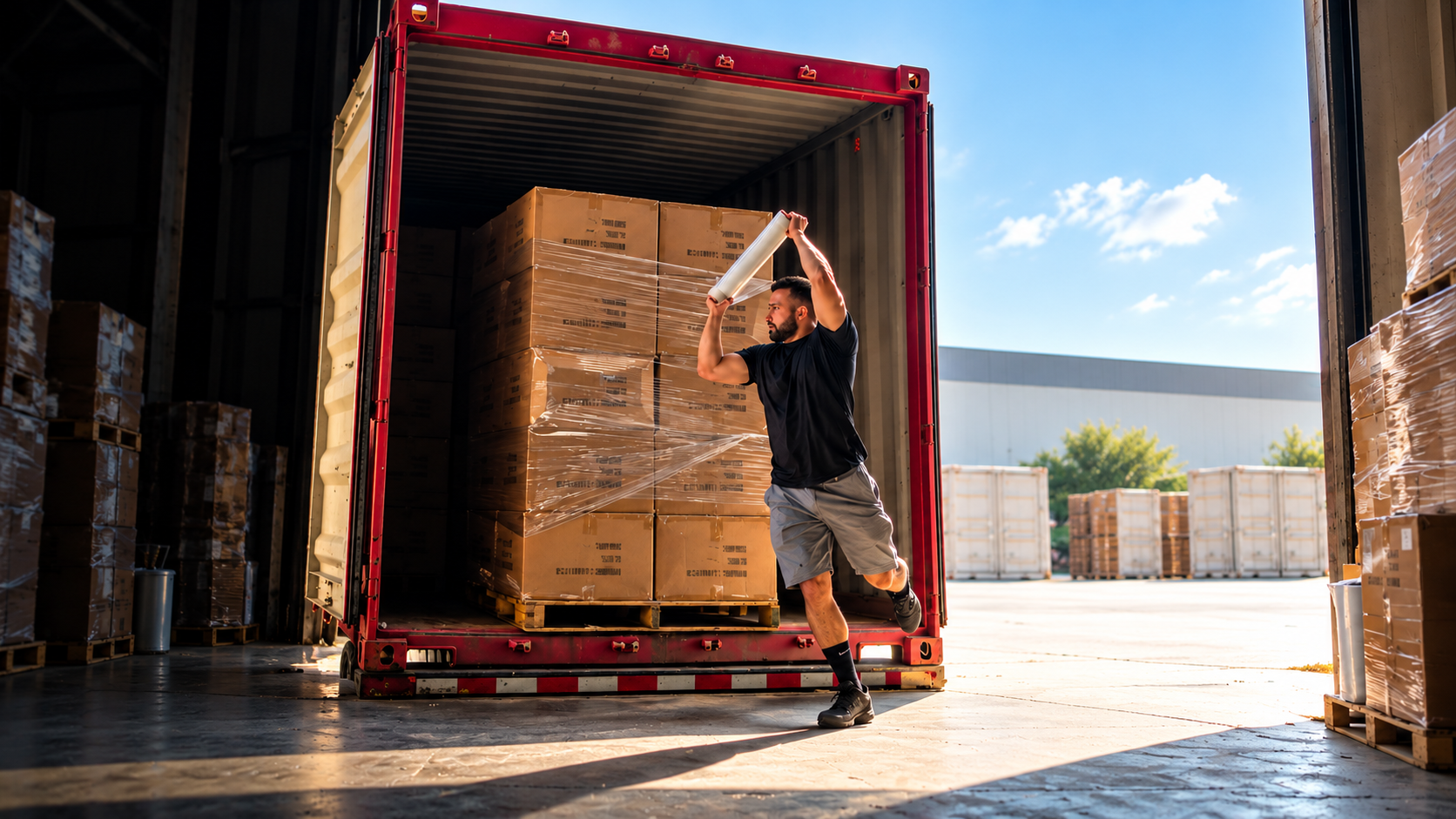 Worker handling freight at a shipping container