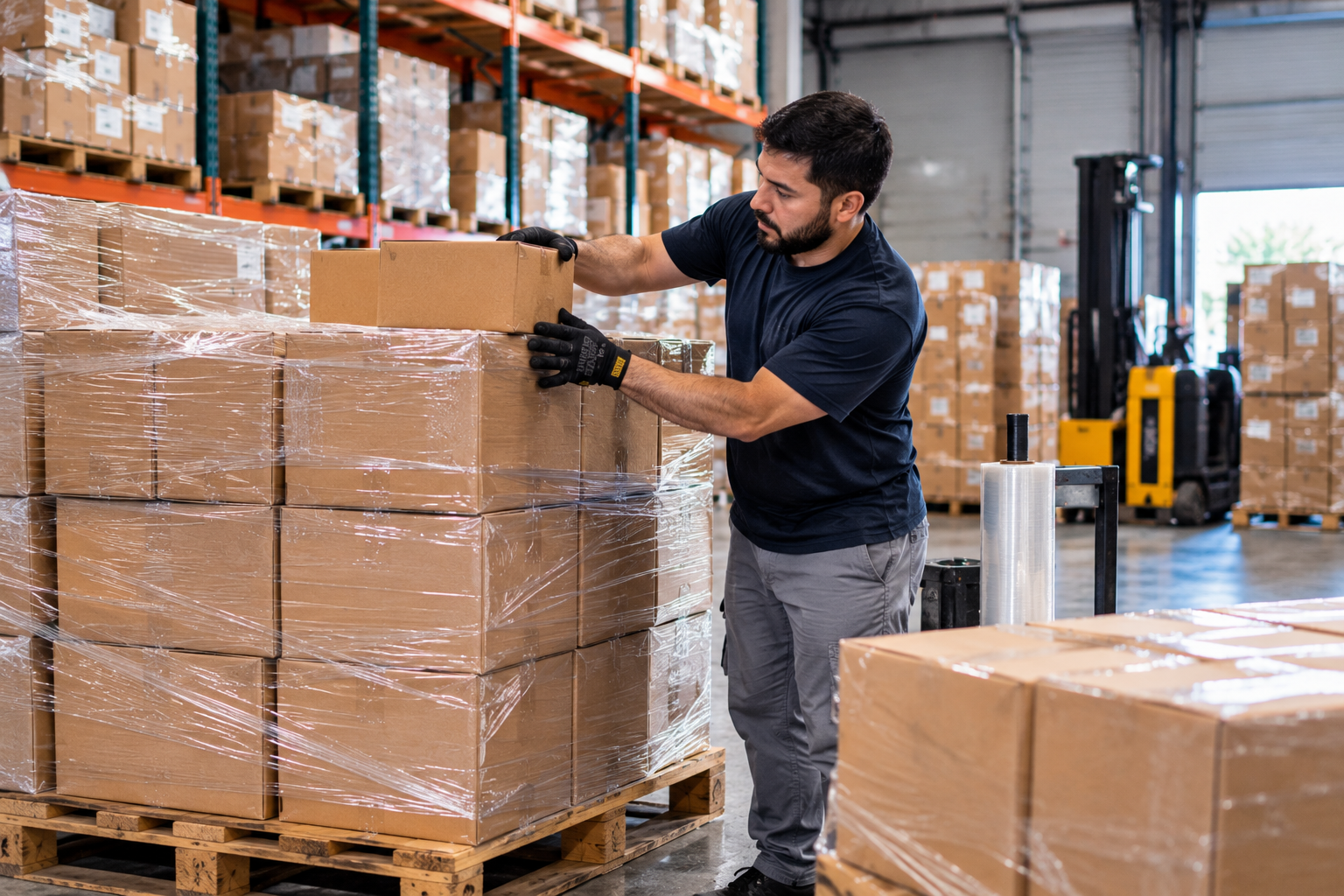 Warehouse worker restacking boxes